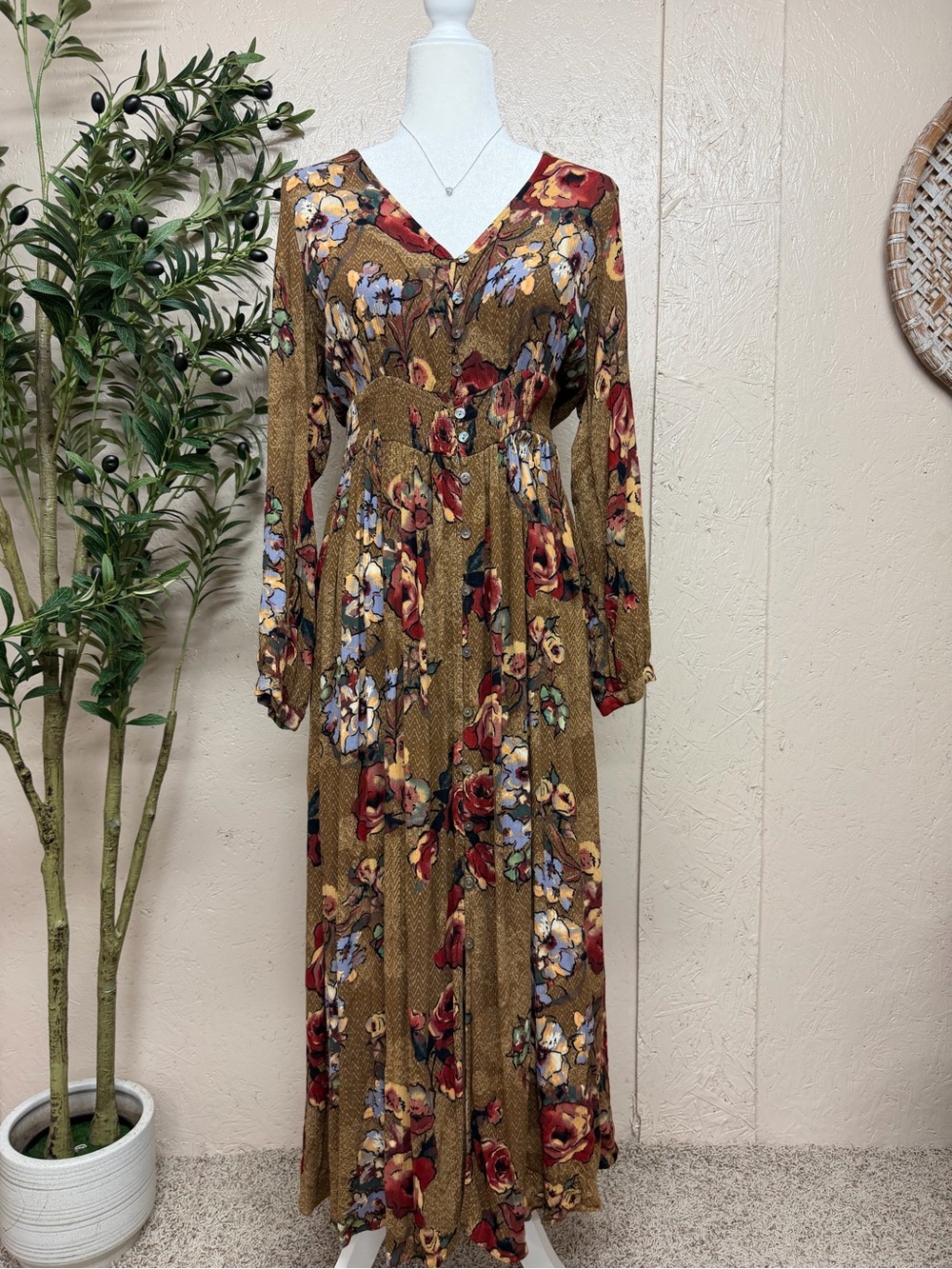 ODDY Mustard Floral V-Neck Maxi Dress with Red & Blue Blooms